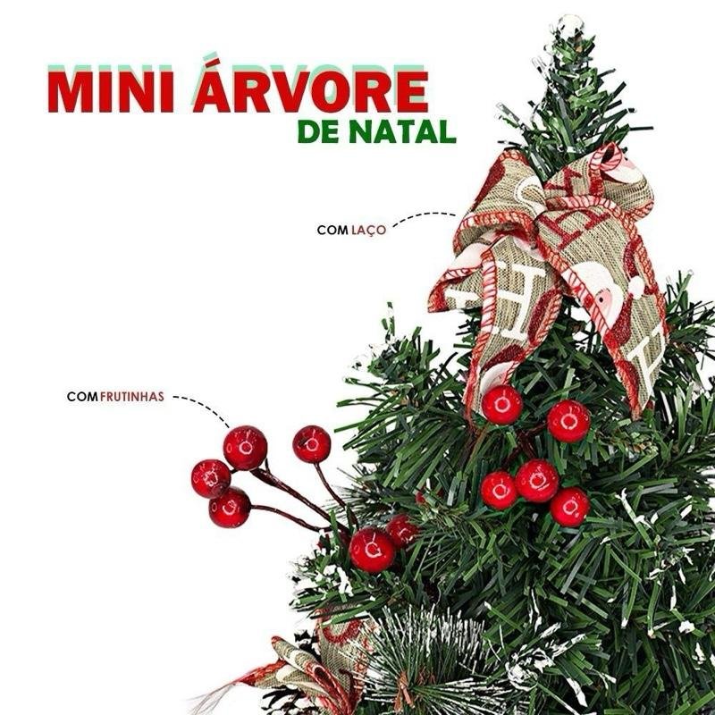 Mini Árvore De Natal Pinheiro 26cm Com Pinha Frutinhas Vermelhas e Laço Ideal Para Mesas Balcões ou Escritórios