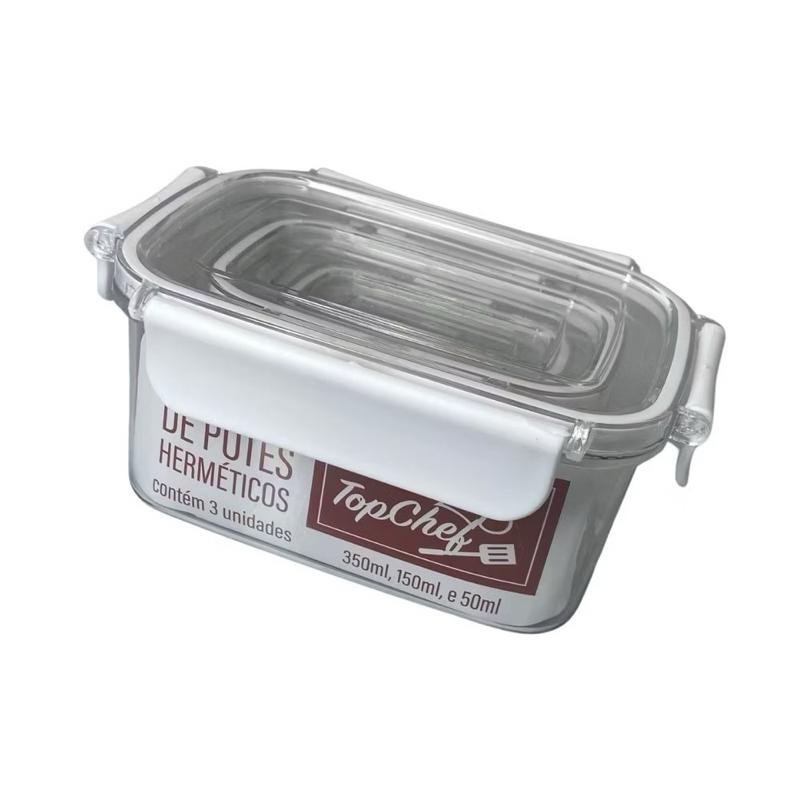Kit Conjunto 3 Potes 50ml 150ml 350ml / 60ml 160ml 380ml Hermético Retangular Porta Mantimentos Alimentos Cozinha