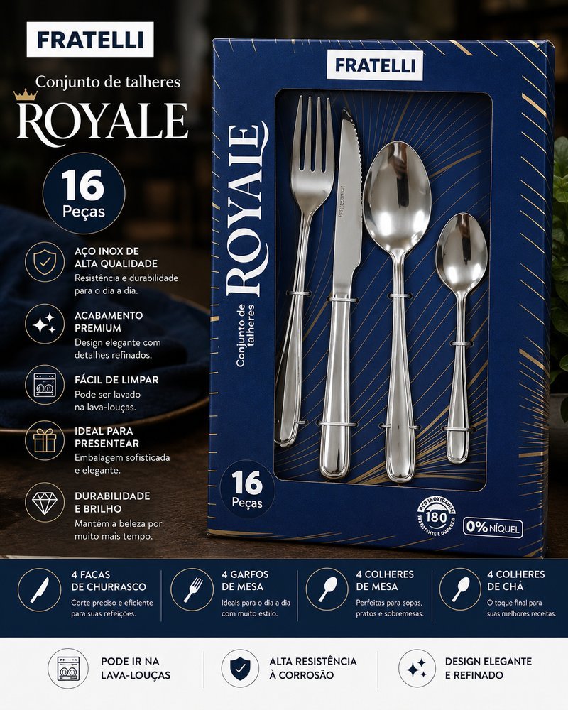 Conjunto de Talheres com 16 Peças em Inox