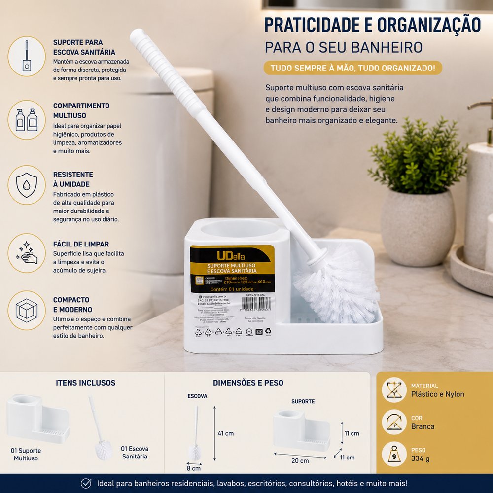 Kit Suporte Multiuso e Escova Sanitária - Branca