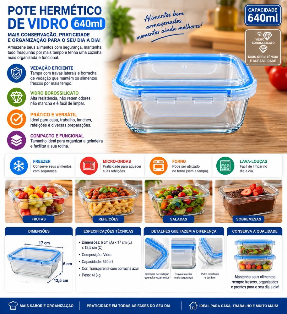 Pote Hermético Retangular de Vidro 640ml