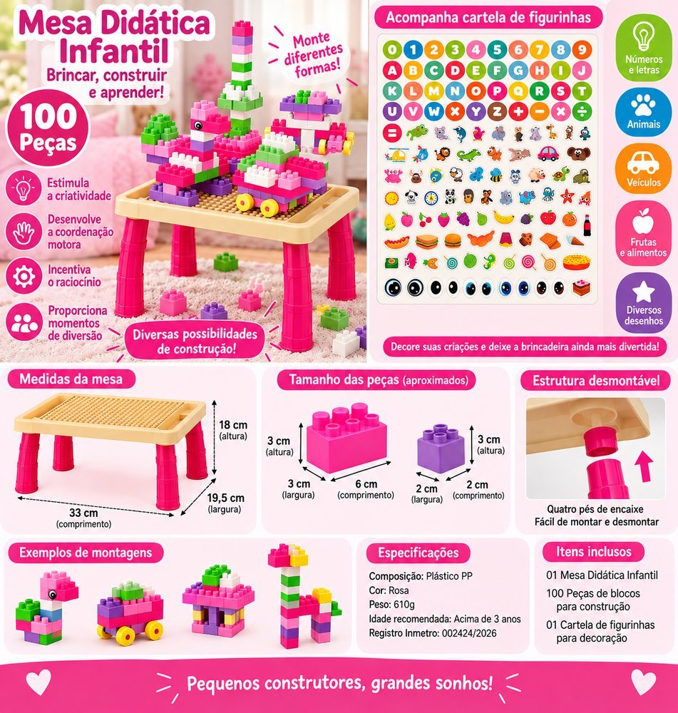 Mesa Didática Infantil com 100 Peças Blocos de Montar e Figurinhas - Rosa