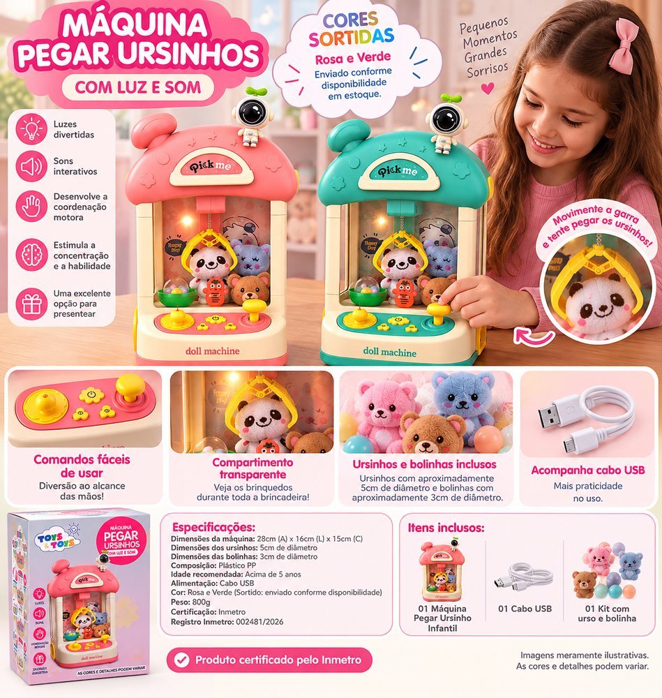 Máquina De Pegar Ursinho Infantil com Luz e Som