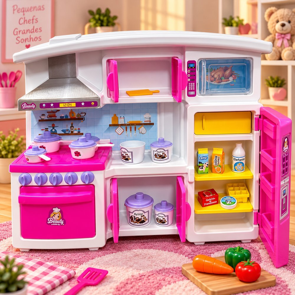 Cozinha Infantil  com Panelas Potes e Mini Alimentos - Rosa