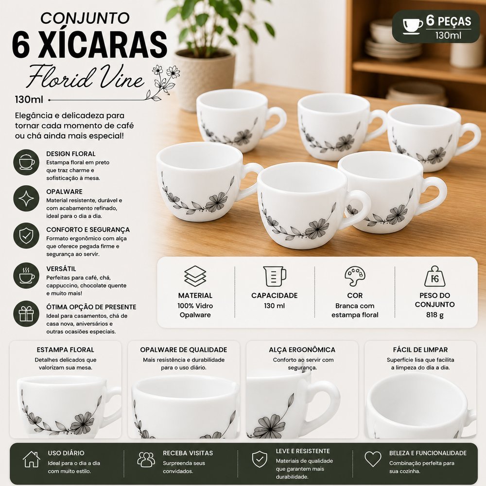 Conjunto 6 Xícaras Florid Vine 130ml - Branca