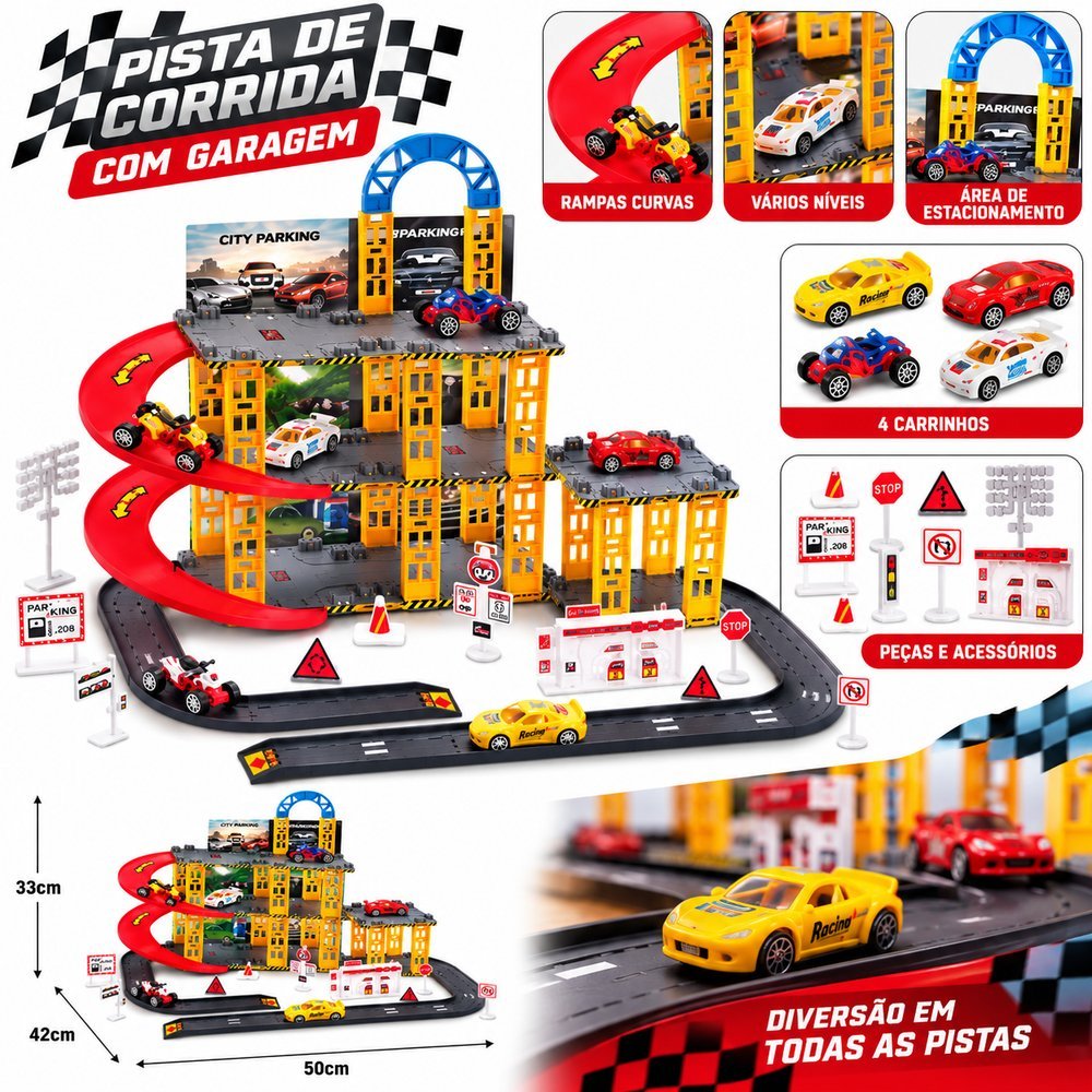 Pista de Corrida Infantil com Garagem e 4 Carrinhos