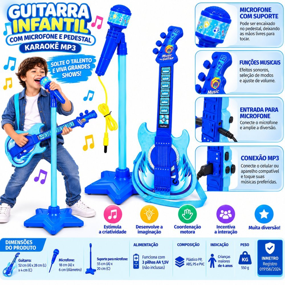 Guitarra Infantil com Microfone e Pedestal Karaokê MP3 - Azul