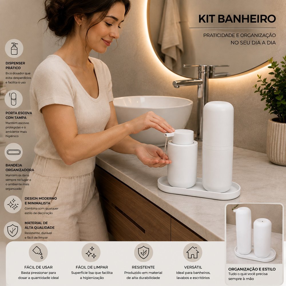 Kit para Banheiro com Porta Escova de Dentes, Porta Sabonete Líquido e Bandeja - Branco