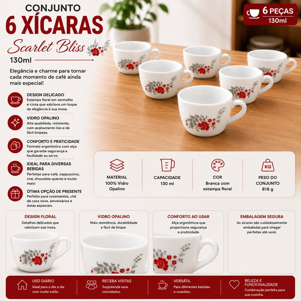 Conjunto 6 Xícaras Scarlet Bliss 130ml - Branca