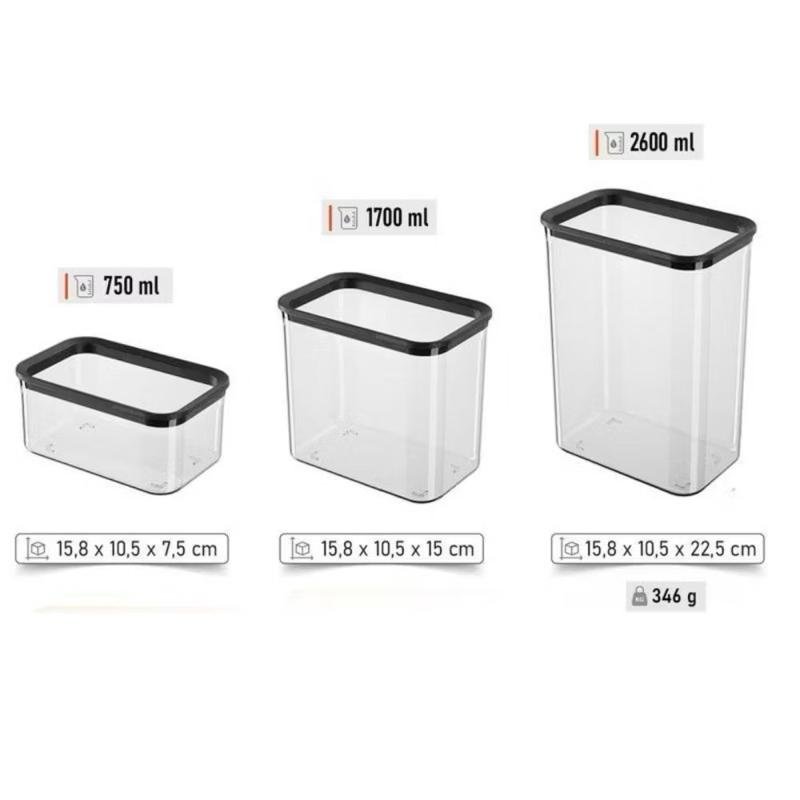Kit 3 Potes Herméticos de Plástico Grandes 750ml 1700ml 2600ml Vedação Organizador de Alimentos Cozinha Porta Mantimento