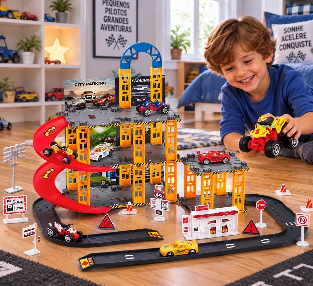 Pista de Corrida Infantil com Garagem e 4 Carrinhos