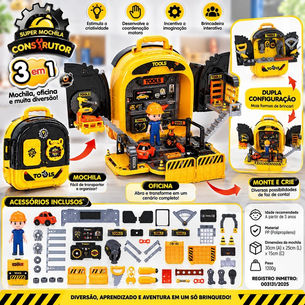 Super Mochila Construtor 3 em 1  com Ferramentas e Acessórios
