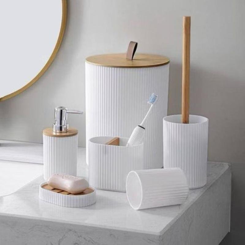 Kit Acessórios de Banheiro 6 Peças Porta Escova de Dentes Lixeira Porta Sabonete Saboneteira Escova Sanitária - Sortido