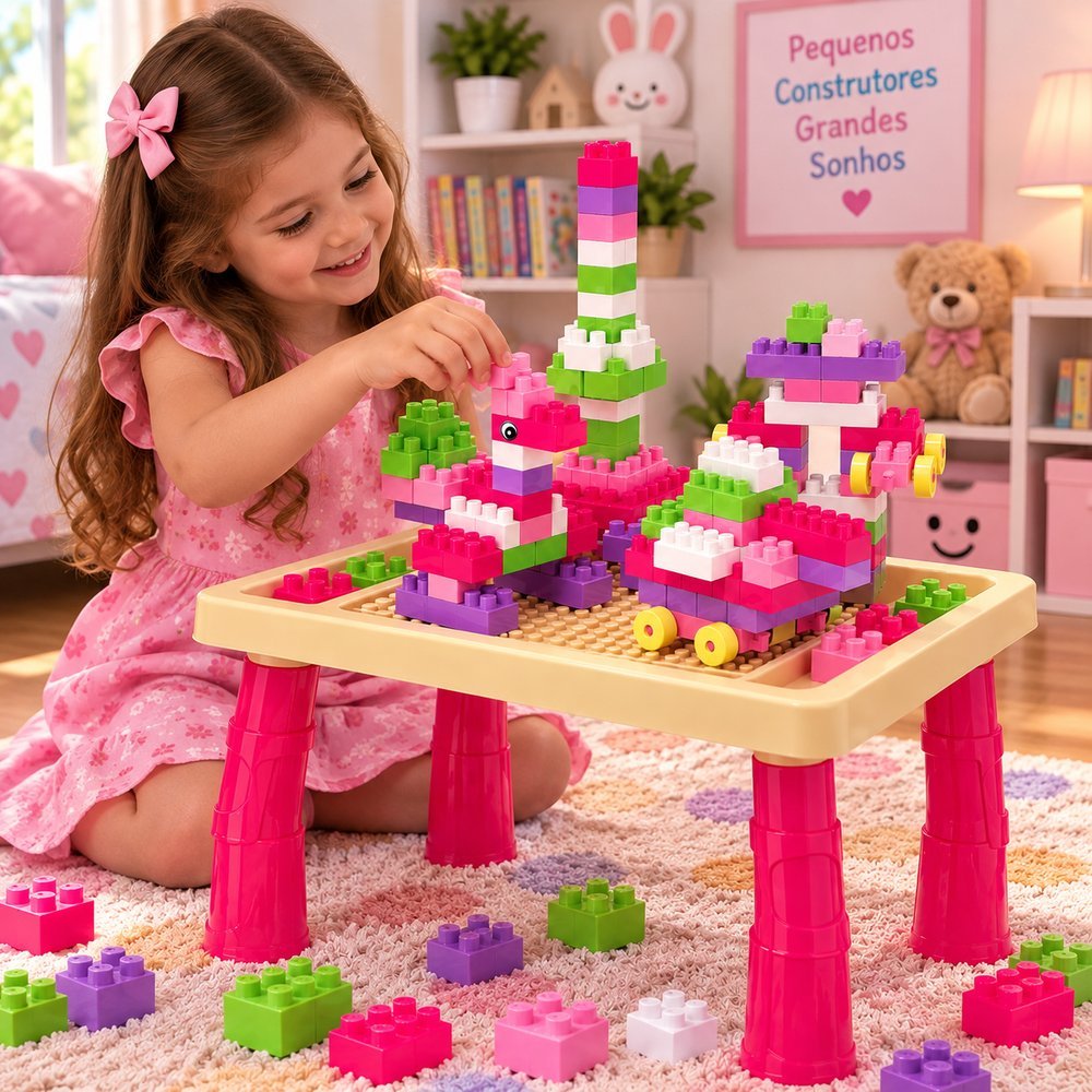 Mesa Didática Infantil com 100 Peças Blocos de Montar e Figurinhas - Rosa
